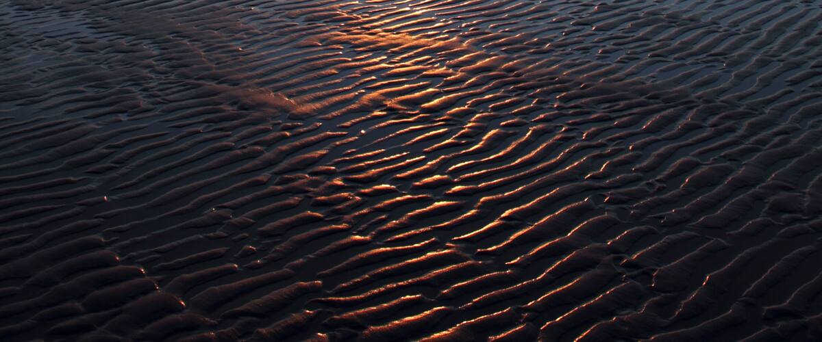 Um pôr do sol sobre uma praia com ondas refletindo a luz do sol.