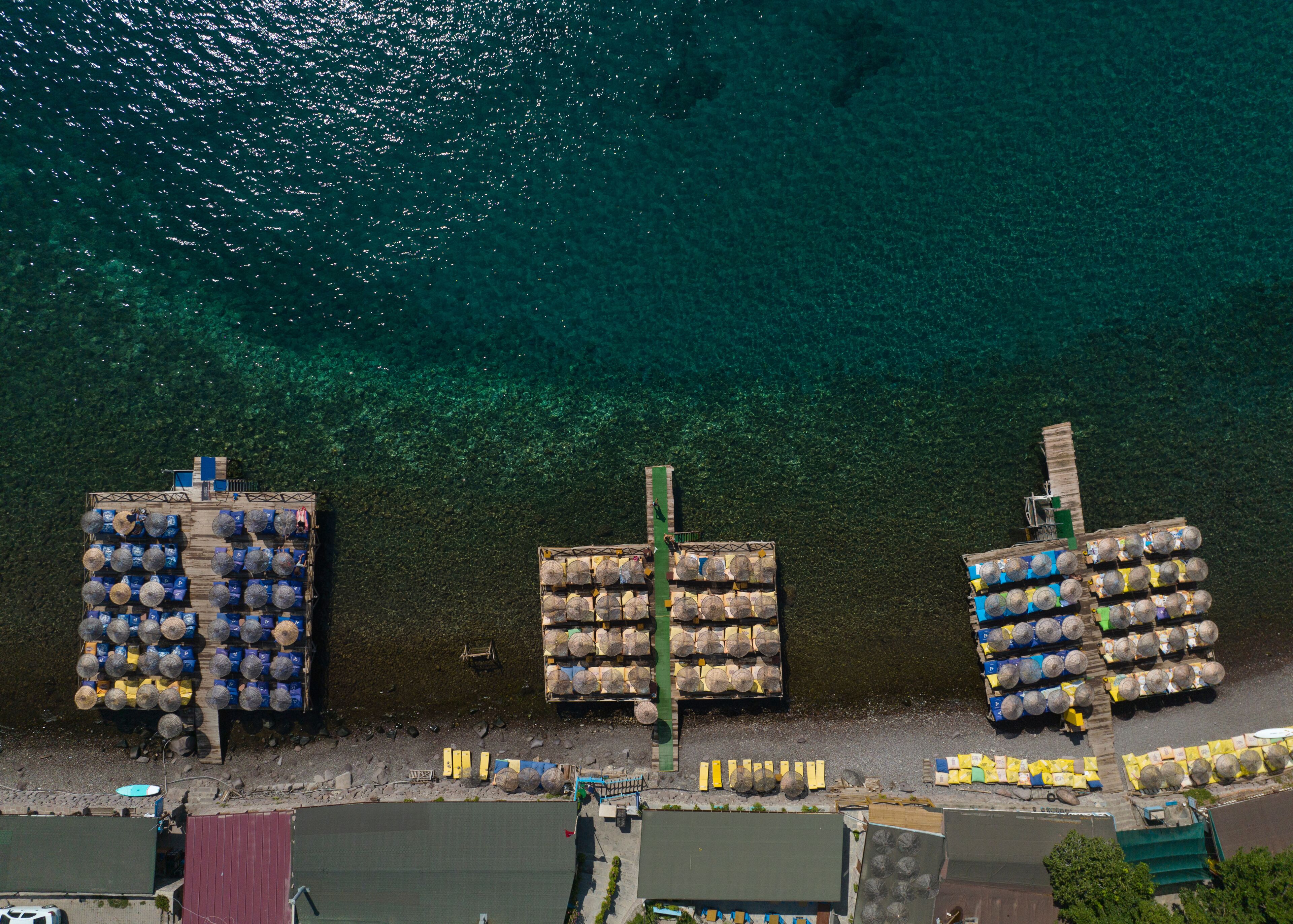 Beach Umbrellas Drone Photo, Assos Canakkale, Turkey