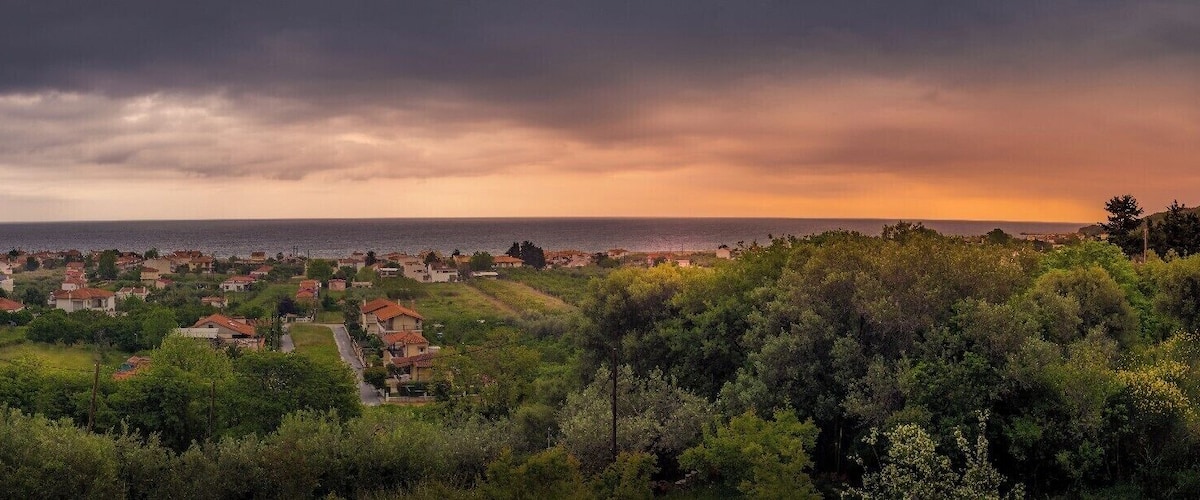 A coastal town with houses and dense greenery, under a dramatic sky.
