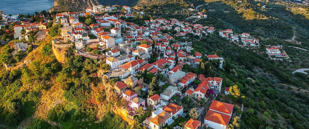 Aerial panoramic view over Chora the beautiful old Village of Alonnisos island, Sporades, Greece
