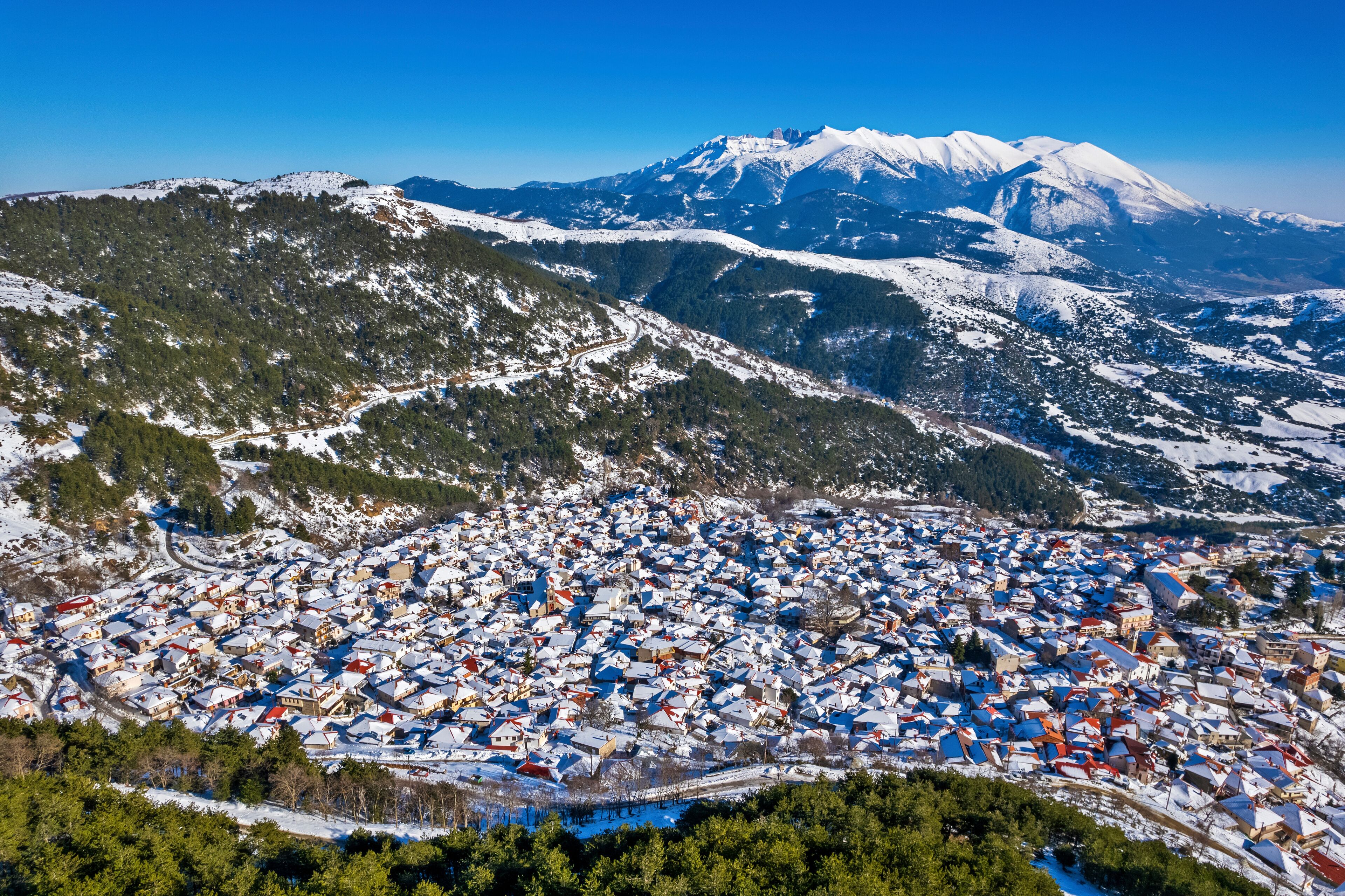 Livadi village,  Titaros mountain, Elassona municipality, Larissa, Thessaly, Greece. In the background, Mount Olympus.