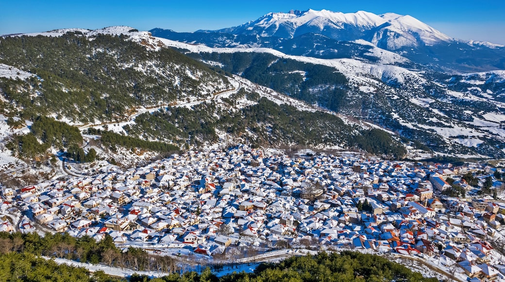 Livadi village, Titaros mountain, Elassona municipality, Larissa, Thessaly, Greece. In the background, Mount Olympus.