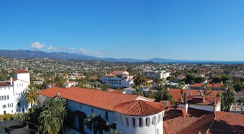 Aerial view of Santa Barbara historic city center with Santa Ynez Mountains at the background, from top of the clock tower of Santa Barbara County Courthouse, California CA, USA.