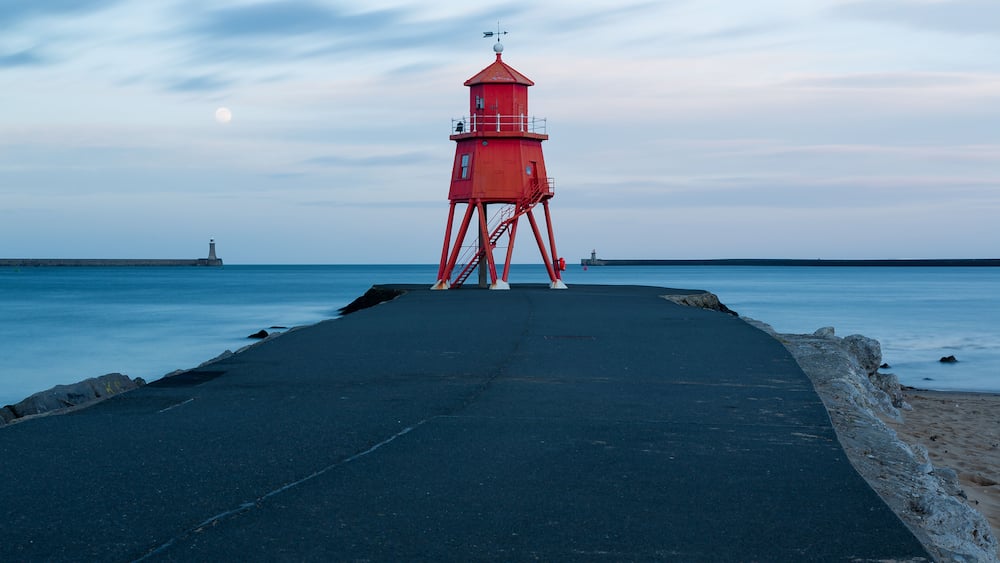 Little Haven Pier at South Shields, Tyneside. On the northeast coast of England, UK. At dusk, during blue hour.