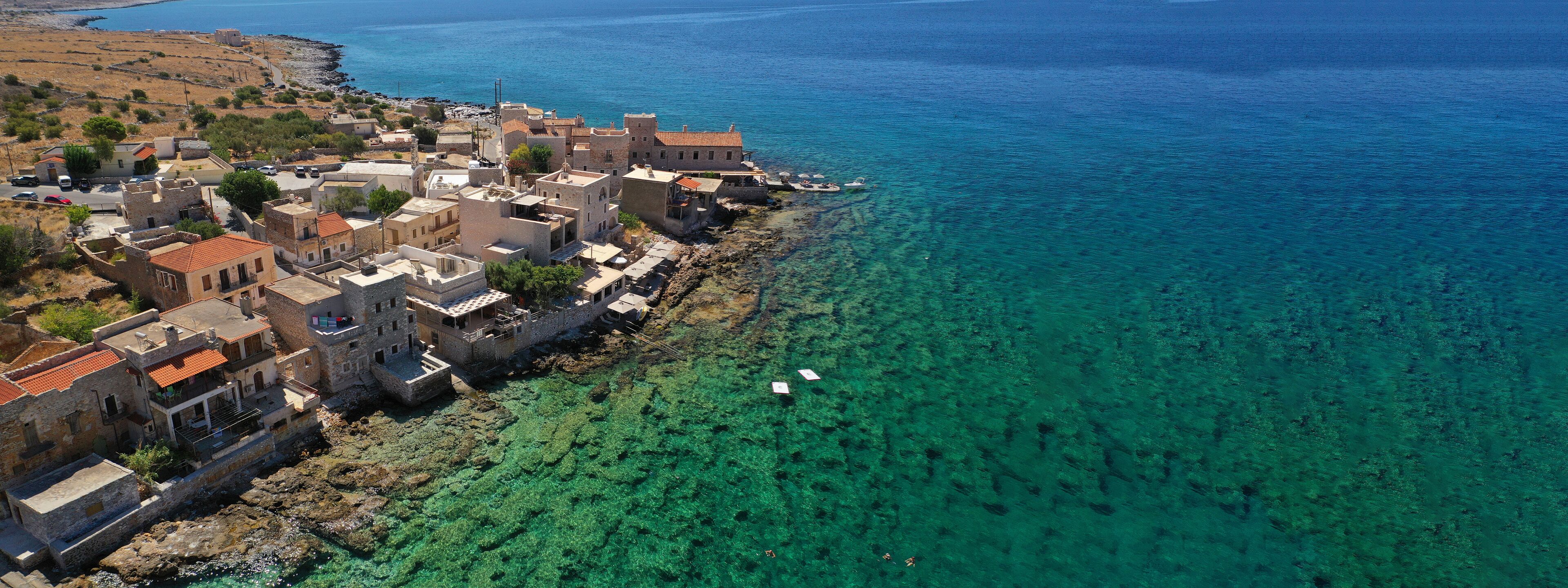 Aerial drone ultra wide photo of beautiful small village of Gerolimenas in the heart of Mani Peninsula, Peloponnese, Greece