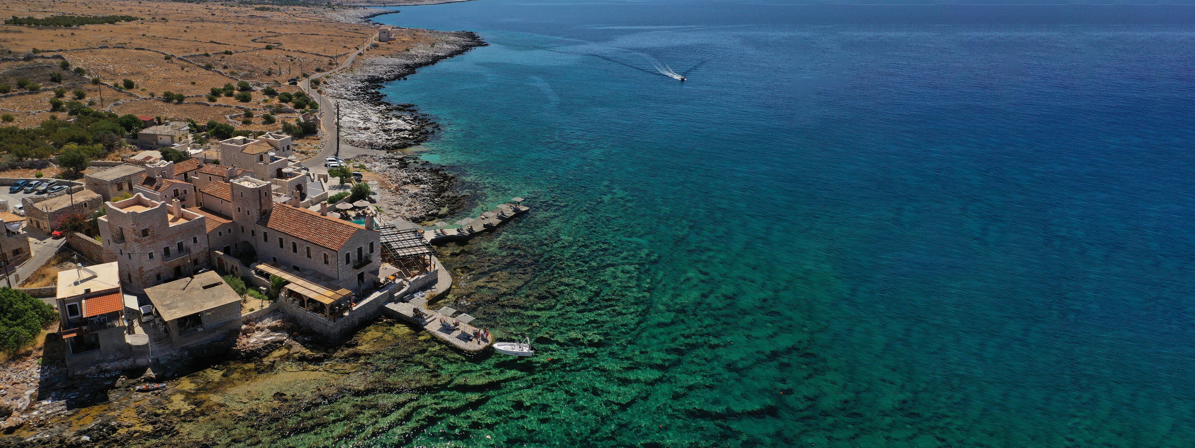 Aerial drone ultra wide photo of beautiful small village of Gerolimenas in the heart of Mani Peninsula, Peloponnese, Greece