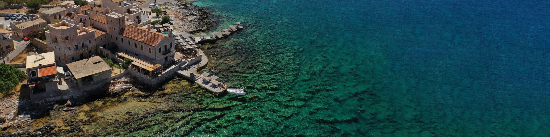 Aerial drone ultra wide photo of beautiful small village of Gerolimenas in the heart of Mani Peninsula, Peloponnese, Greece