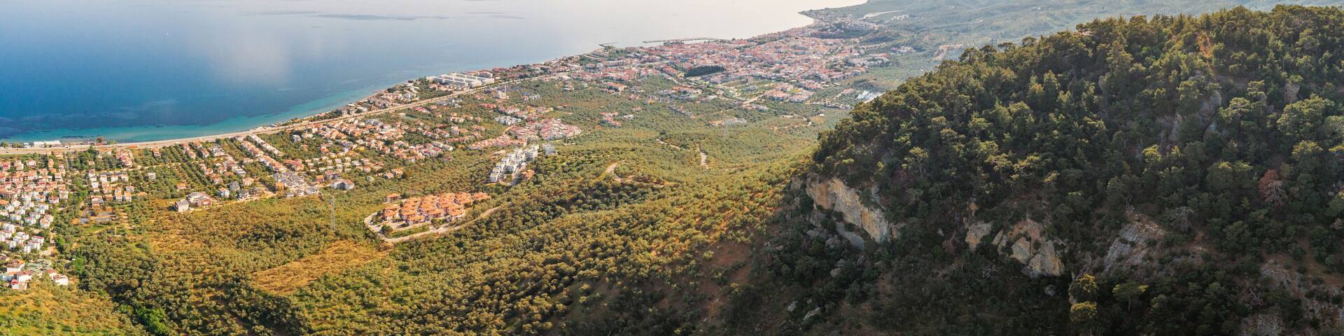 Scenic panoramic view of Zeus Altar hill near Adatepe, Turkiye, overlooking the Aegean coast and rooted in Greek mythology