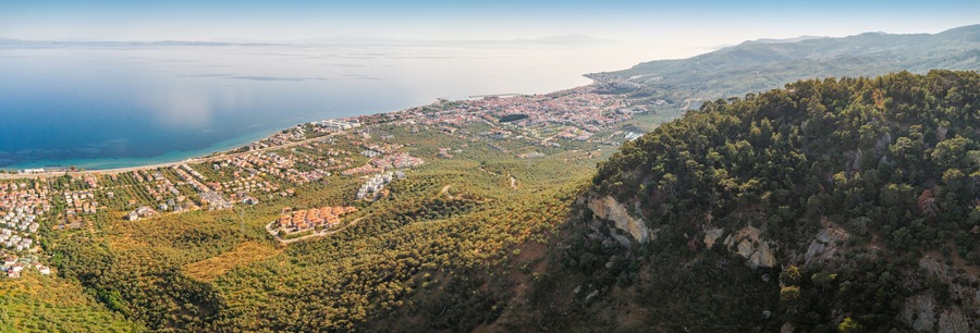 Scenic panoramic view of Zeus Altar hill near Adatepe, Turkiye, overlooking the Aegean coast and rooted in Greek mythology
