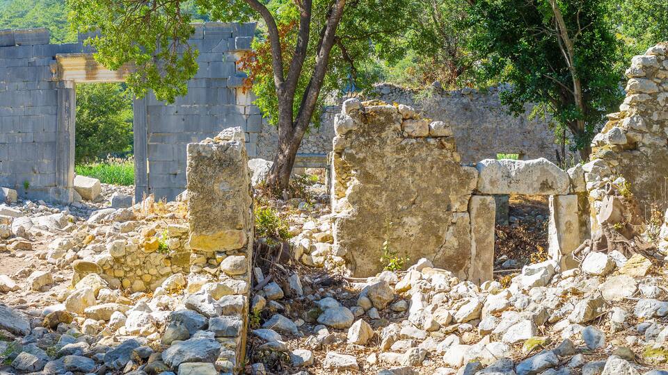 Ancient stone ruins with columns and a mountainous backdrop.