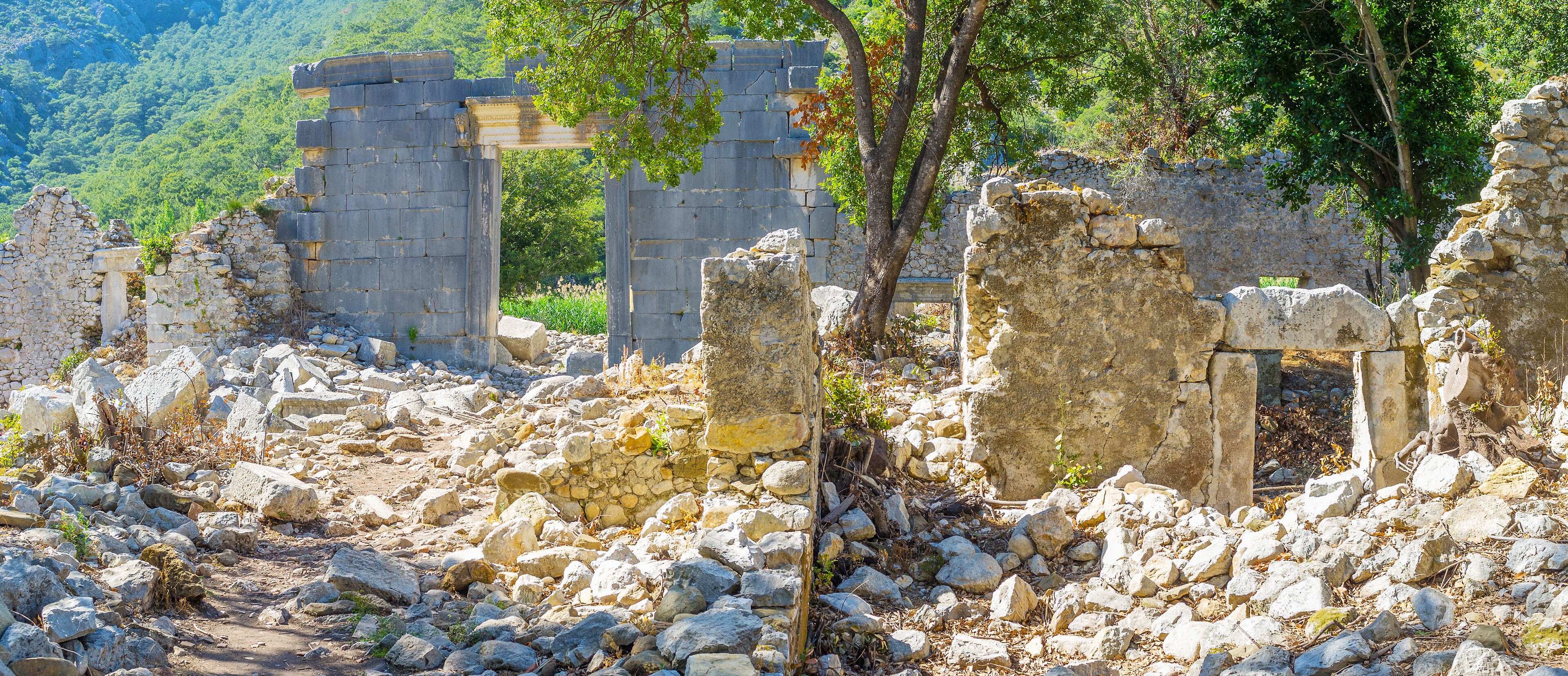 Ancient stone ruins with columns and a mountainous backdrop.