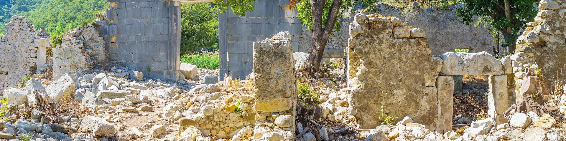 Ancient stone ruins with columns and a mountainous backdrop.