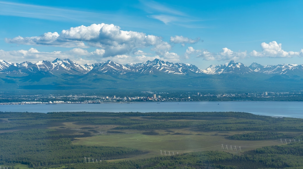 Aerial view of Anchorage, Alaska from the Point MacKenzie area. Joint Base Elmendorf - Richardson, downtown, midtown, Knik Arm, and Chugach mountains.