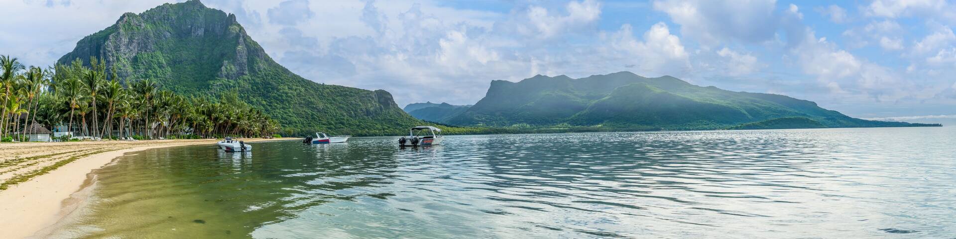 Landscape with Le Morne beach and mountain at Mauritius island, Africa