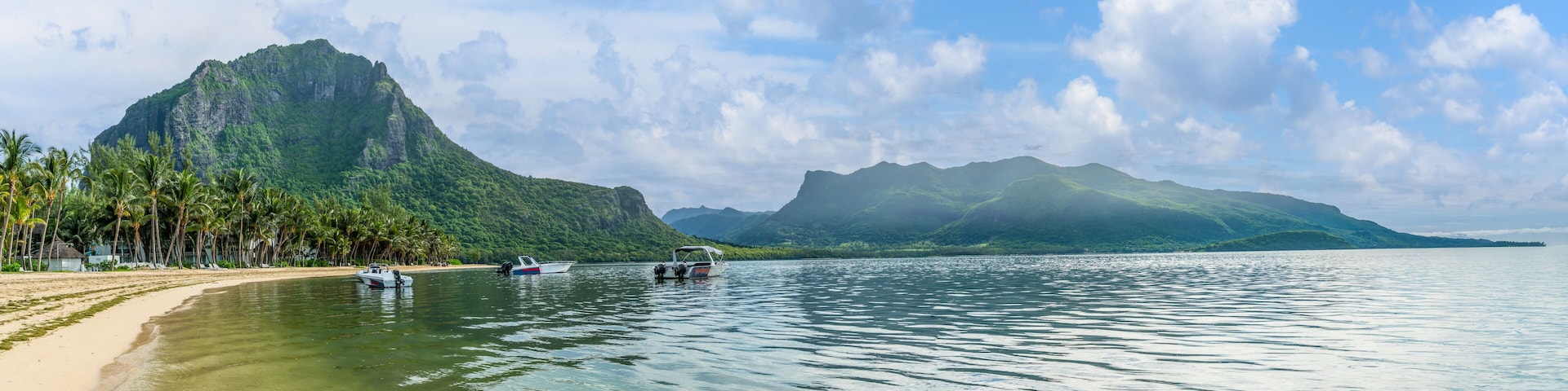 A beach with boats, palm trees, and mountains in the background.