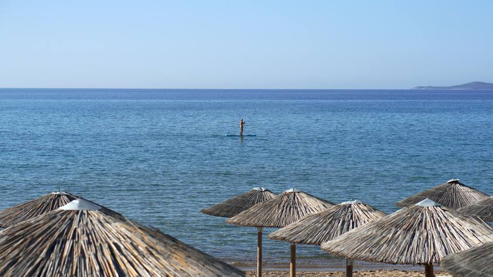 A beach with thatched umbrellas and a person paddleboarding in the water.