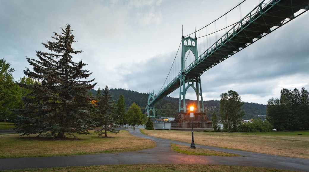 Cathedral Park which includes a garden and a bridge