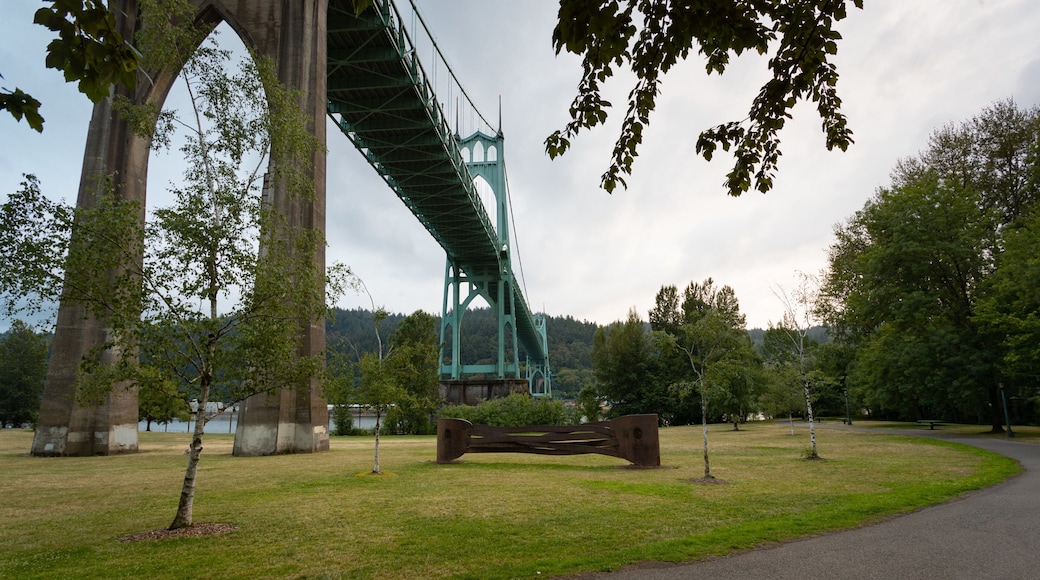 Cathedral Park which includes a garden and a bridge