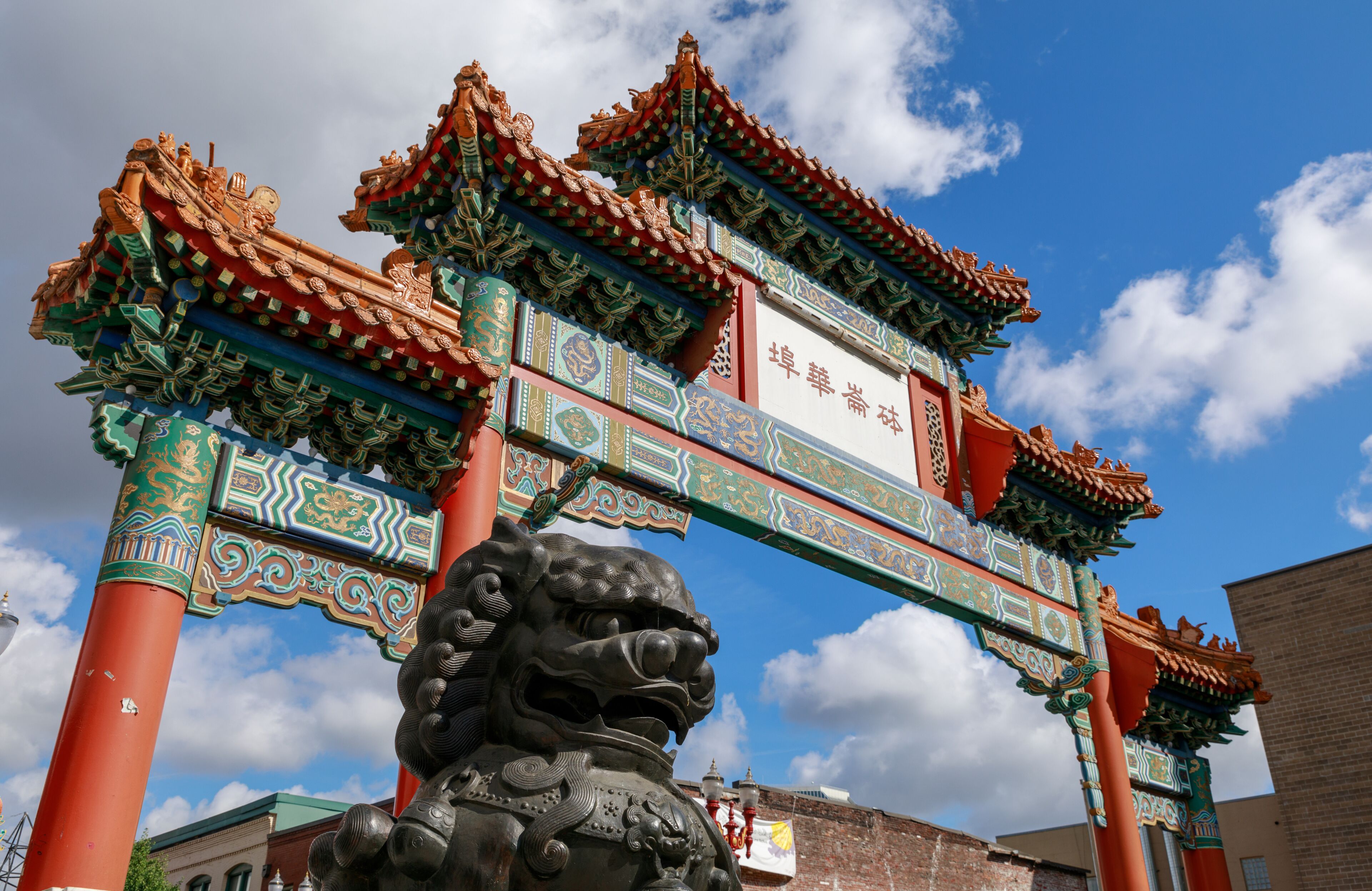 The ornate entrance to the Chinatown area of Portland, Oregon on Burnside Street