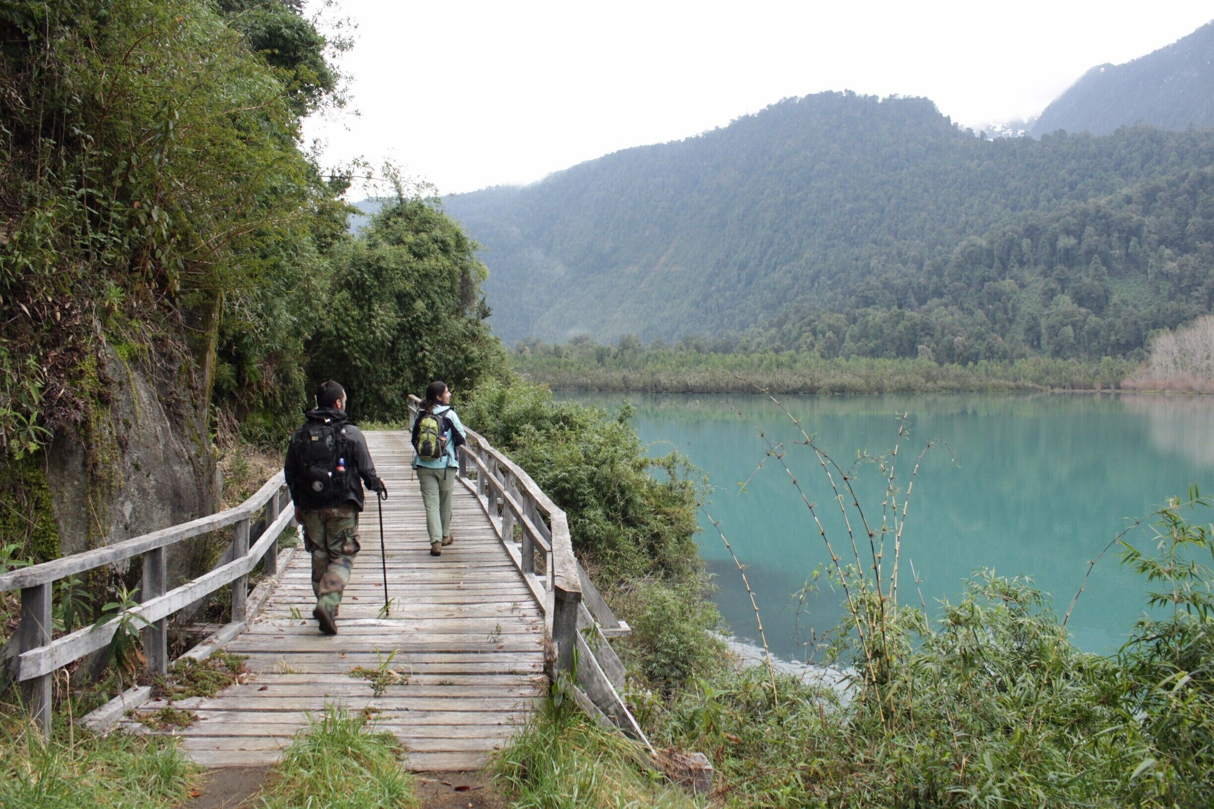 A wooden bridge over a calm lake surrounded by dense forest and hills.