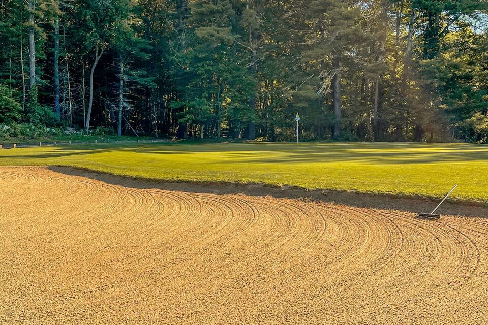 A golf course with a sand bunker and a flagstick.