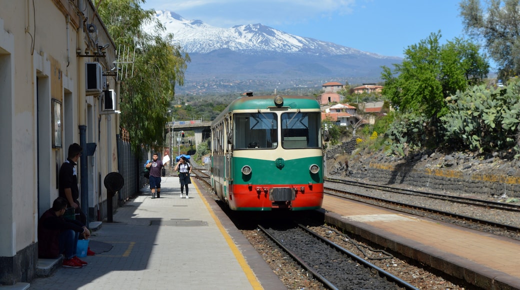 Old tram with Etna in the background, Paterno, Sicily, Italy