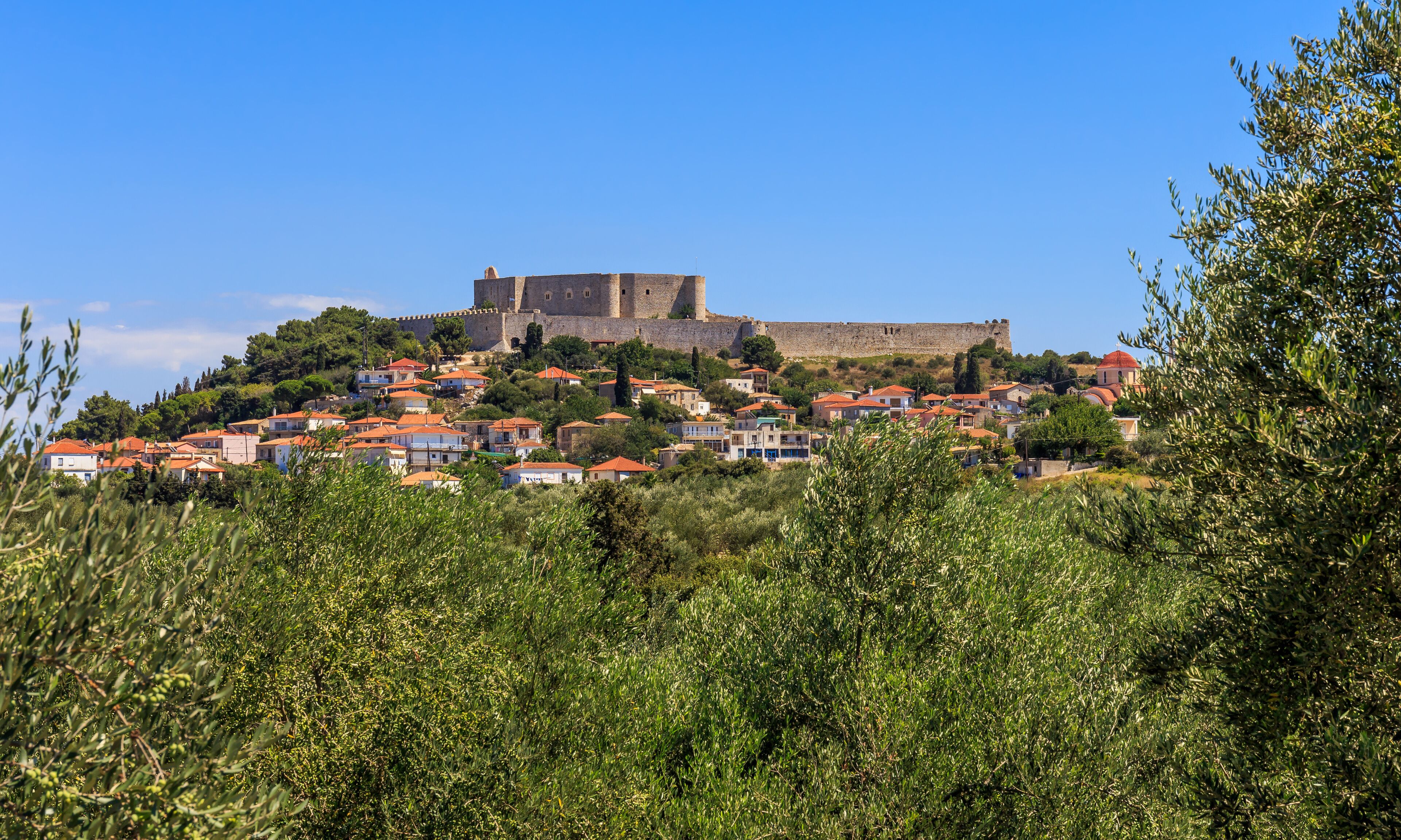 A historic castle atop a hill overlooking a village with red-roofed houses.
