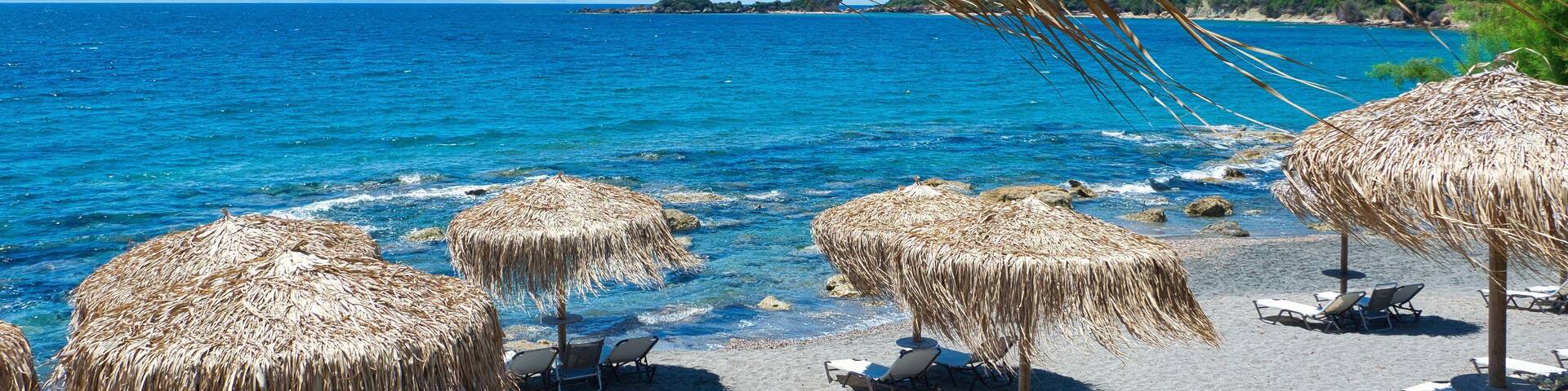 beautiful beaches with umbrellas and sand, beaches of Kourouta and Agia Marina. Amaliada, Greece