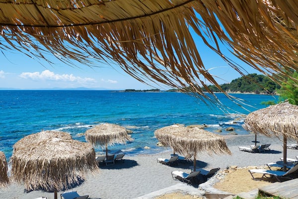 beautiful beaches with umbrellas and sand, beaches of Kourouta and Agia Marina. Amaliada, Greece