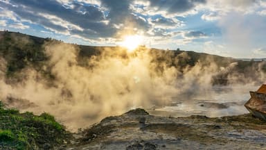 cenic views of thermal springs and mud bath in Sarayköy which contains bicarbonates and sulfates and power plant producing electricity from the geothermal steam, Denizli, Turkey