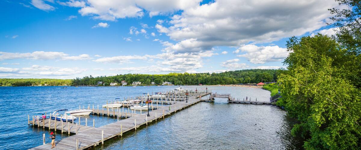 View of docks on Lake Winnipesaukee in Weirs Beach, Laconia, New