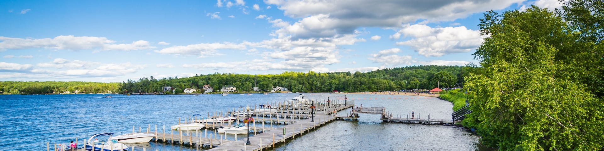 View of docks on Lake Winnipesaukee in Weirs Beach, Laconia, New
