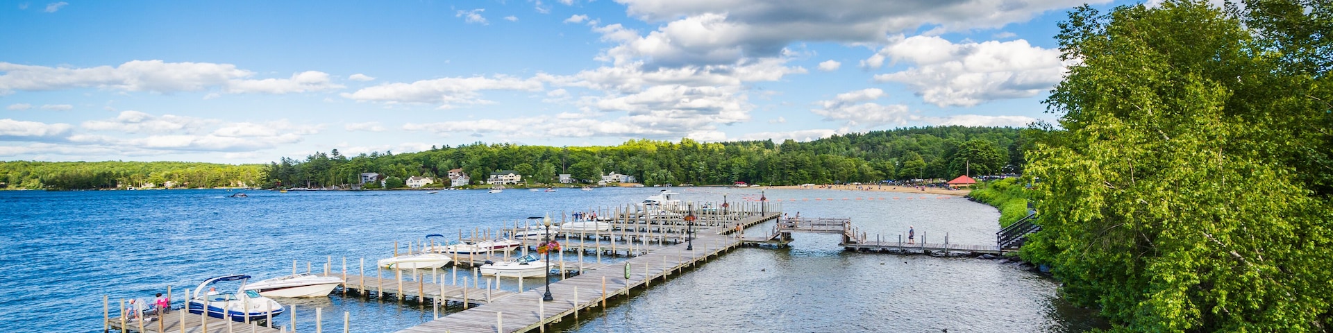 View of docks on Lake Winnipesaukee in Weirs Beach, Laconia, New