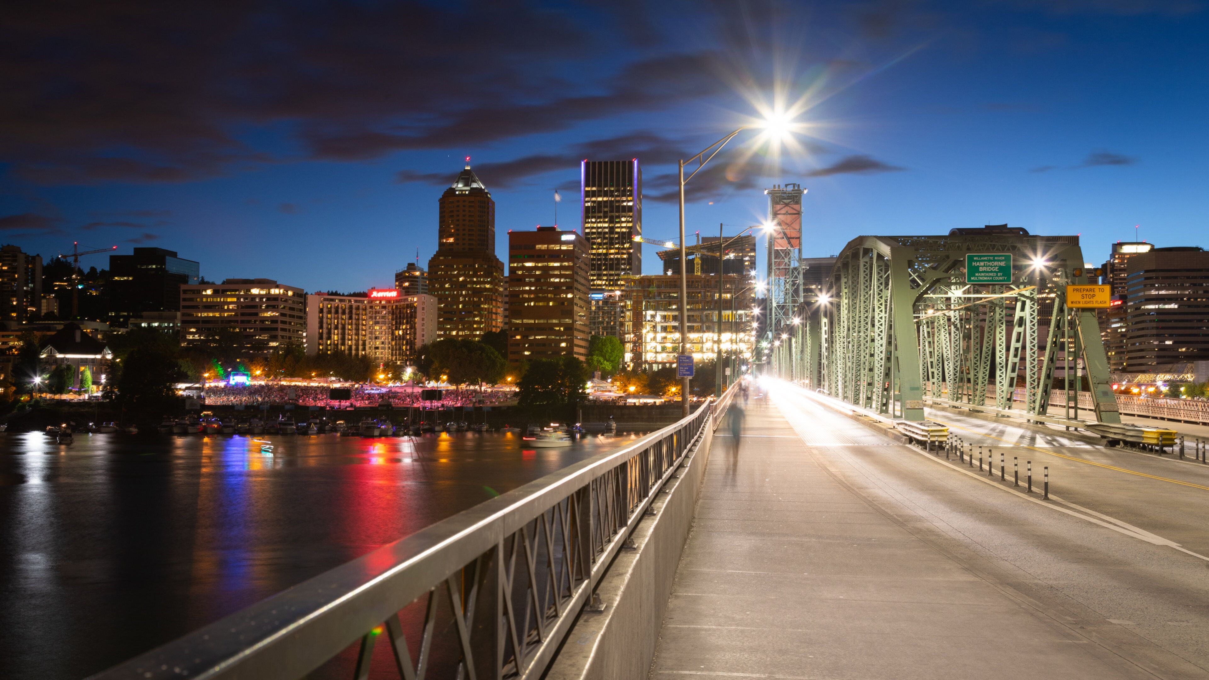 Hawthorne Bridge featuring night scenes, a city and a river or creek