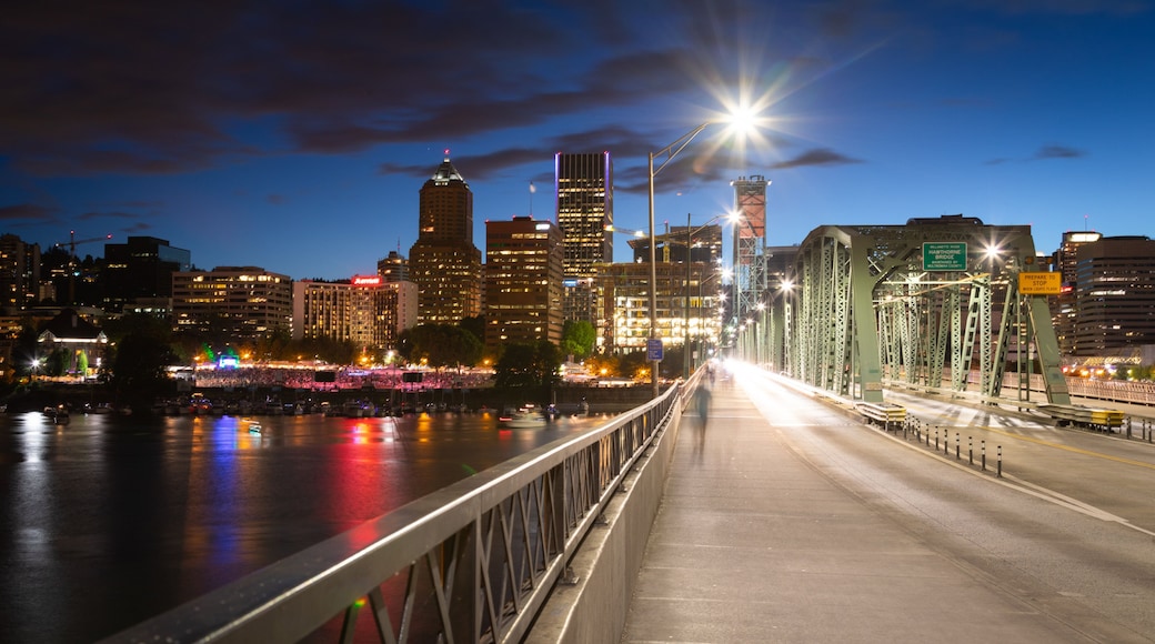 Hawthorne Bridge featuring night scenes, a city and a river or creek