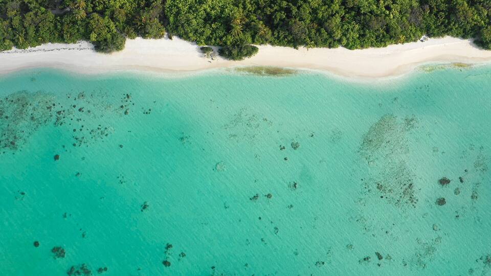 A turquoise sea with white sand beaches and dense green forest.