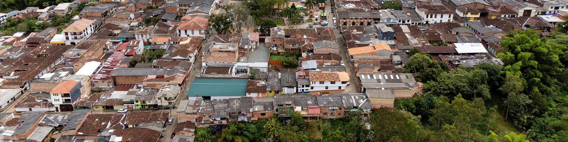 Pueblorrico, Antioquia - Colombia - July 21, 2024. Panoramic view taken with a drone of the municipality with 7,584 inhabitants.