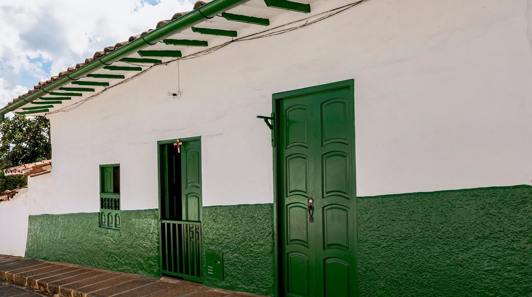 Typical houses with dark green doors and windows.