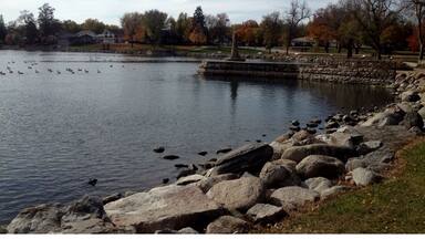 Beautiful landscaped shores of Black Hawk Lake in Lakeview, Iowa.