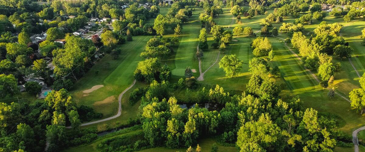 aerial view of golf course and golf holes