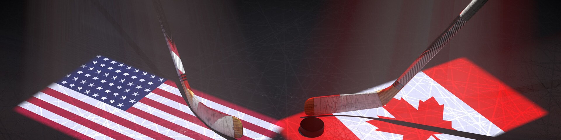 Hockey puck, hockey sticks and the image of the Unites States and Canadian flag on the ice.