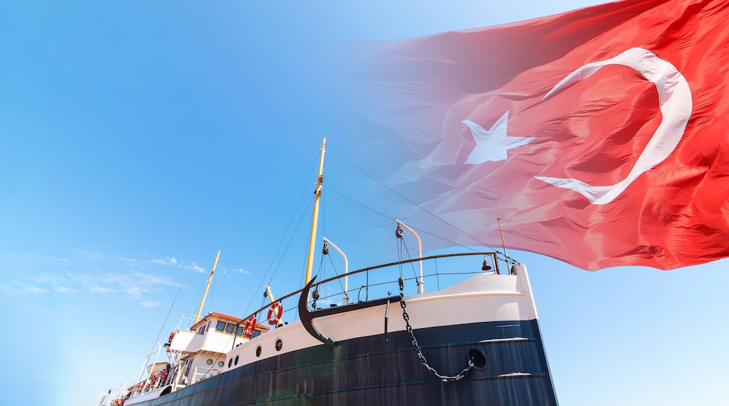 may 19 commemoration of Ataturk concept photo. Turkish Flag and Bandirma Ship