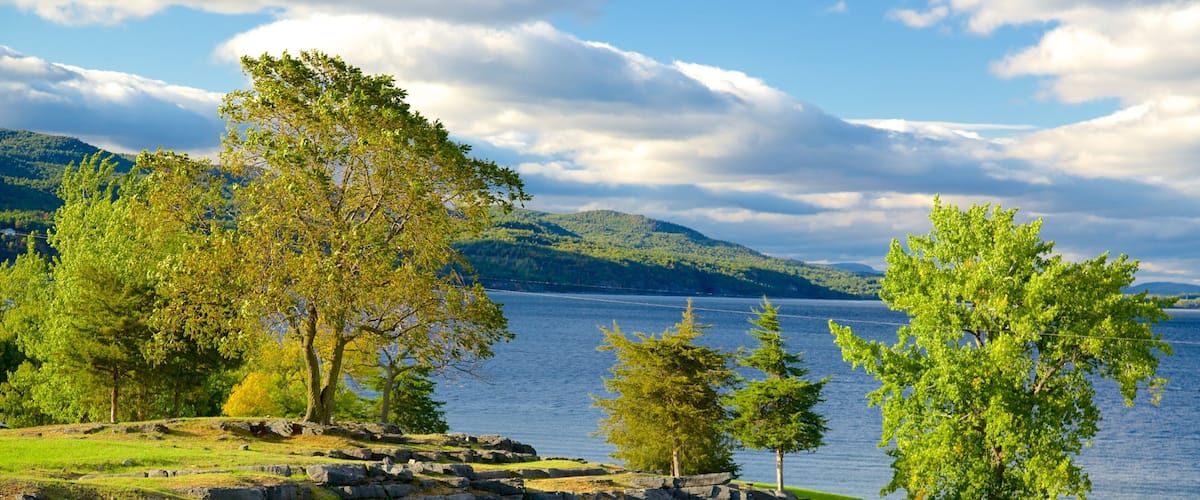A lakeside landscape with trees, a stone wall, and distant mountains.