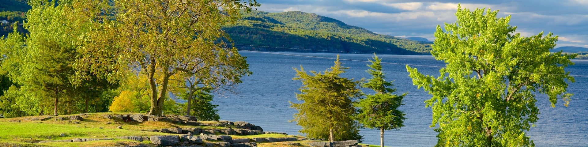 A lakeside landscape with trees, a stone wall, and distant mountains.