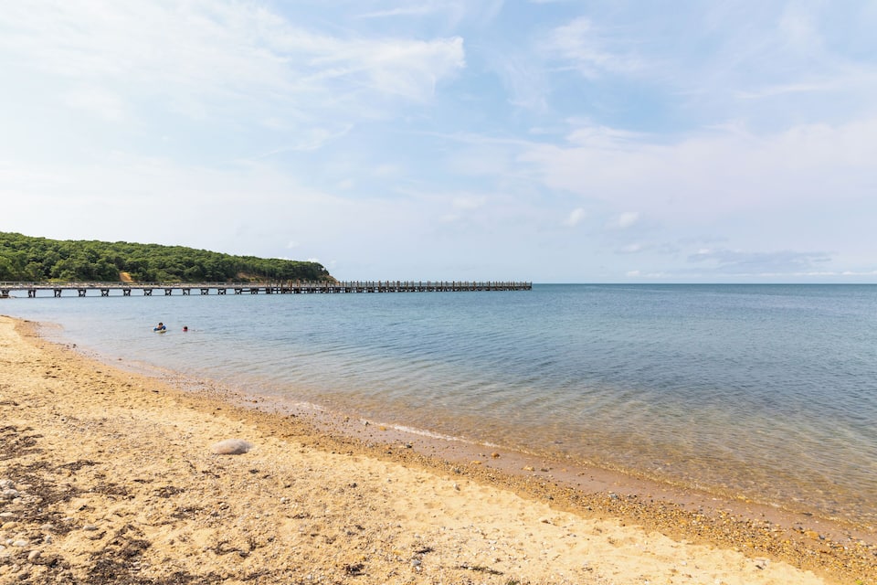 Een zandstrand met een pier die zich uitstrekt in kalm water, omringd door begroeiing.