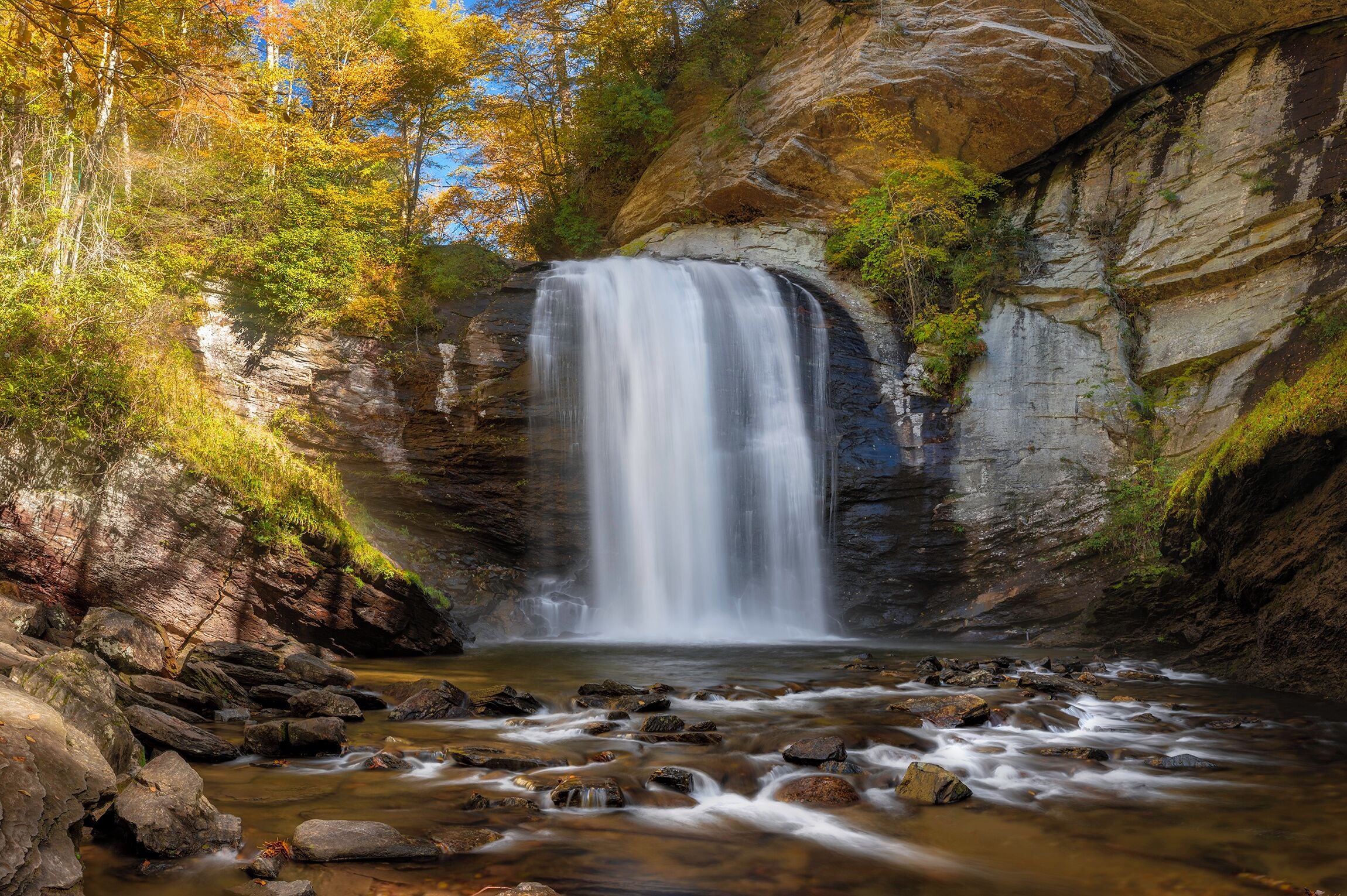 Let's take a short timeout to see some fall color! I drove up to the Blue Ridge Parkway  looking for fall color. Unfortunately due to an early snow and a VERY late fall the fall line was about 20 miles wide. Fortunately this waterfall fell within that short strip of fall color. 