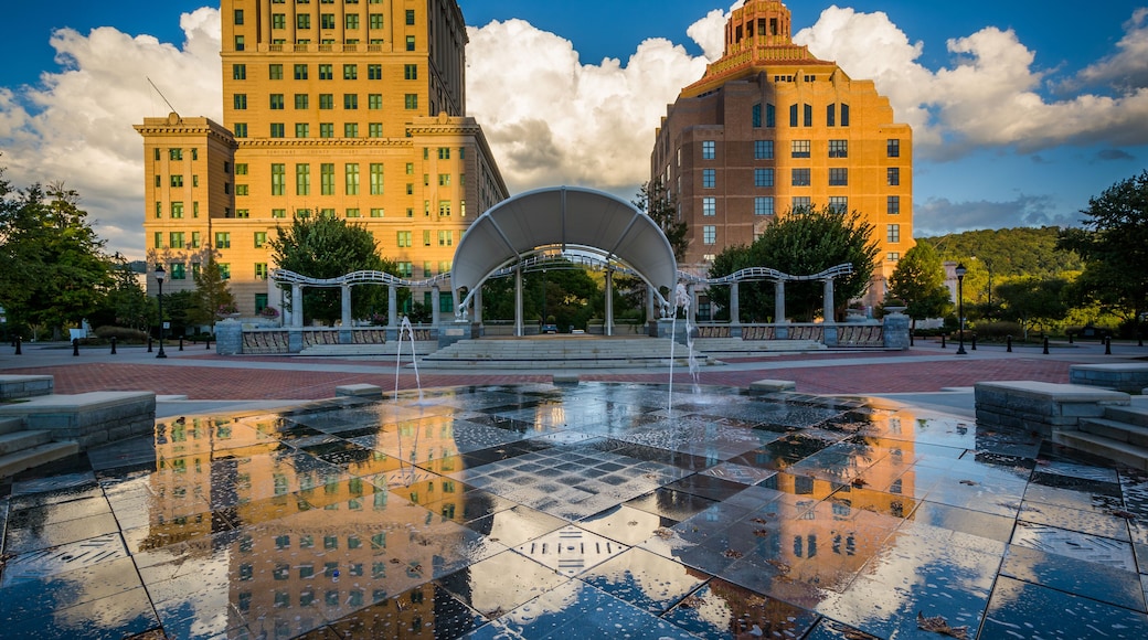 Fountains and buildings at Pack Square Park, in downtown Ashevil