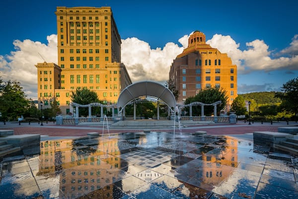Fountains and buildings at Pack Square Park, in downtown Ashevil