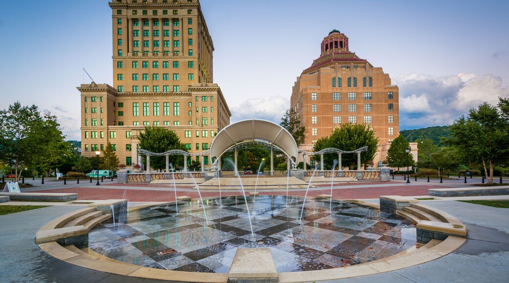 Fountains and buildings at Pack Square Park, in downtown Ashevil