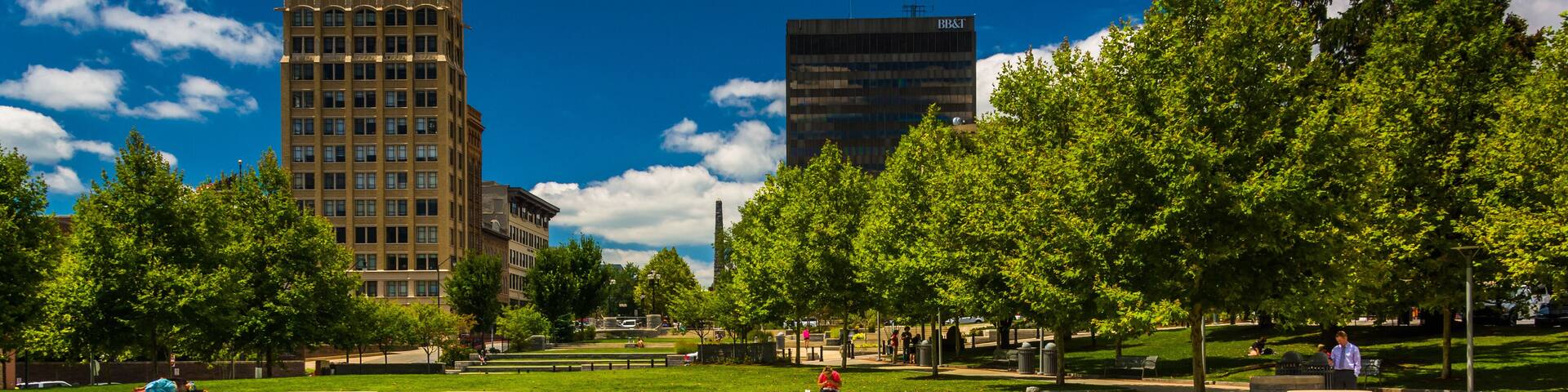 Pack Square Park and highrises in Asheville, North Carolina.